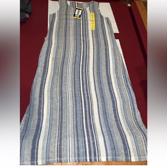 NEW BLUE WHITE LINEN VERTICAL STRIPE Long Dress Pockets Stretchy Beach Summer S - Picture 3 of 12